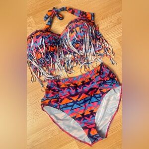 Fringed Geometric Print Bikini Set in Pink, Orange & Blue